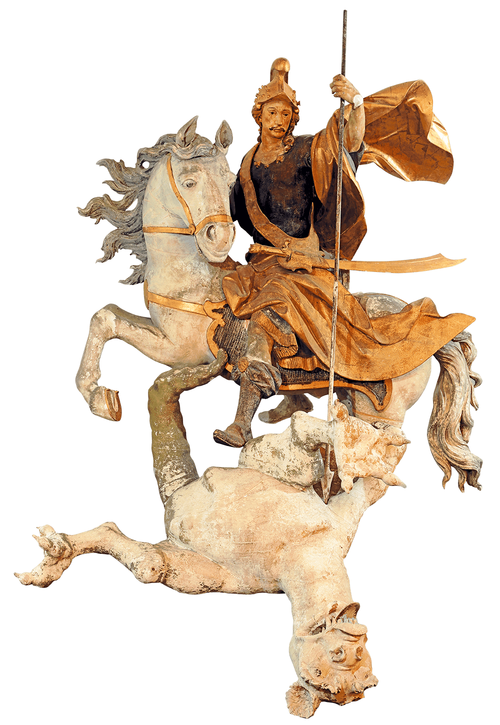 Figur, die aus drei Teilen besteht. Ein Mann in Ritterrüstung sitzt auf einem Pferd. Er zielt mit einem Speer auf einen am Boden liegenden Drachen.